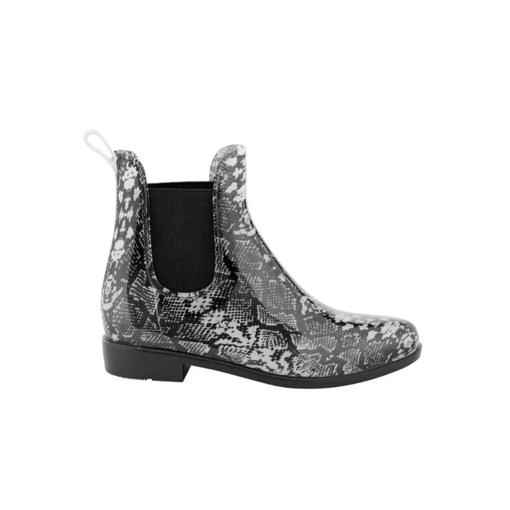 NWT Time and Tru Women's Snake Print Rain Boots – Black Ankle‎ Slip-On, Size 7